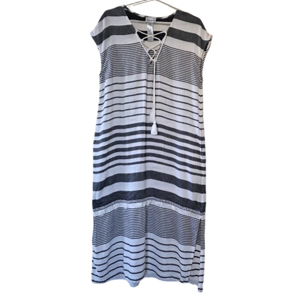 Tommy Bahama Striped Lace Up Tassel Maxi Dress Women Size L Gray White Linen